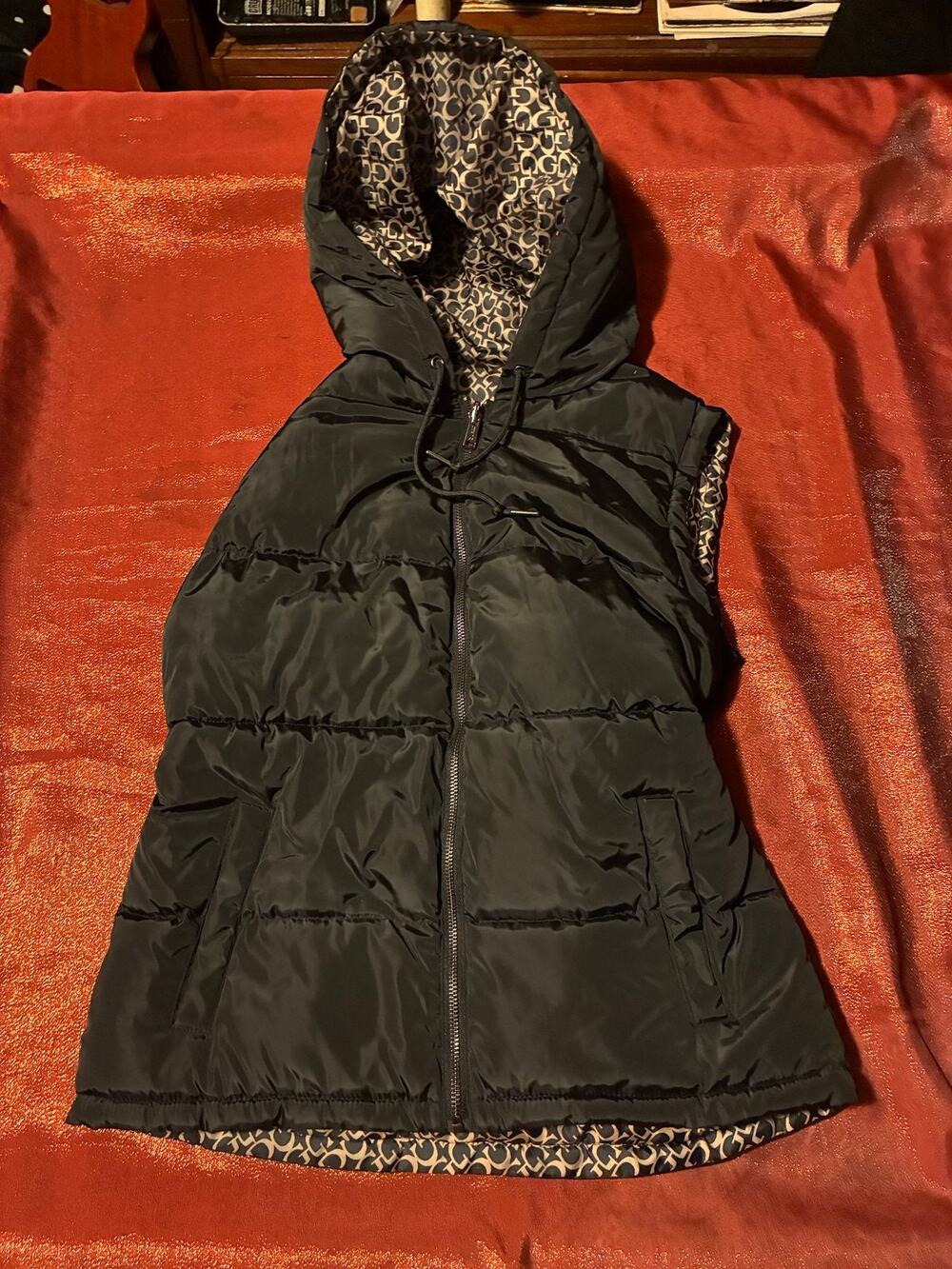 Guess Vest Womens Black Quilted Hooded Puffer Belted Logo Lined Sleeveless Warm